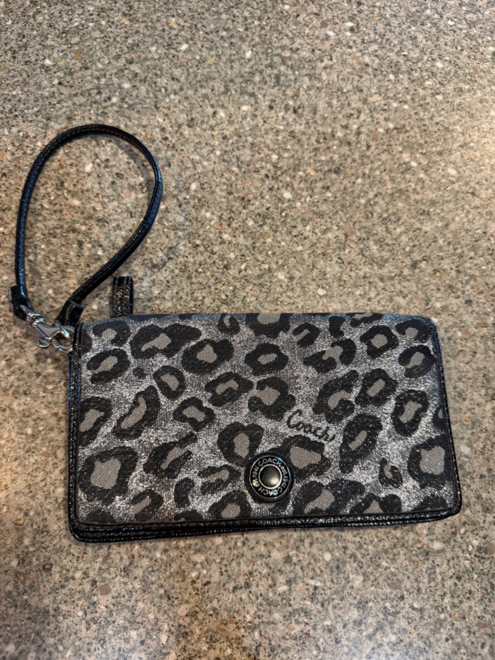 Coach Silver and Black Leopard Glitter Wristlet
